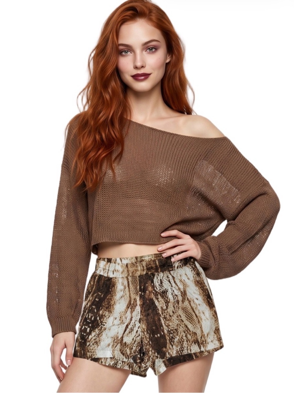 ARDEN B Brown White animal print Satin shorts Elastic waist Pockets Snakeskin